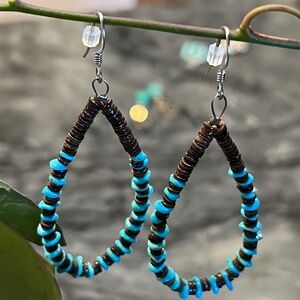 Turquoise and Shell Heishi Long Loop Earrings--Turquoise and Rich Brown--Kewa